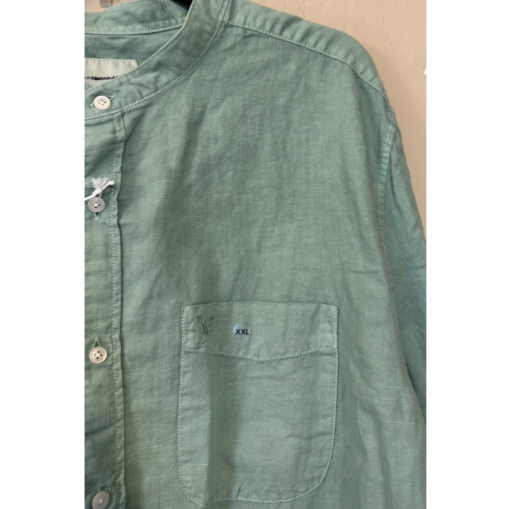 American Eagle Shirt Men XXL Green Mandarin Collar Button Down Linen Blend‎ NWOT - Picture 4 of 11